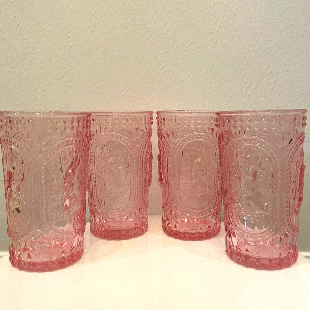 Easter Bunny Embossed Hobnail Victorian Heavy Drinking Glasses Set 4 Pink New